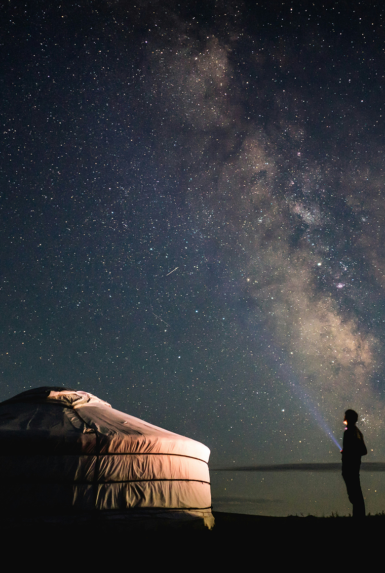 モンゴルの夜空に広がる星空と建物